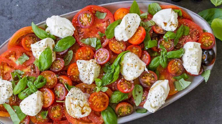 Balsamic Vinegar Basil Burrata Cheese Caprese Salad Heirloom Tomatoes olive oil Recipe Summer Salad Tomato Burrata Salad 