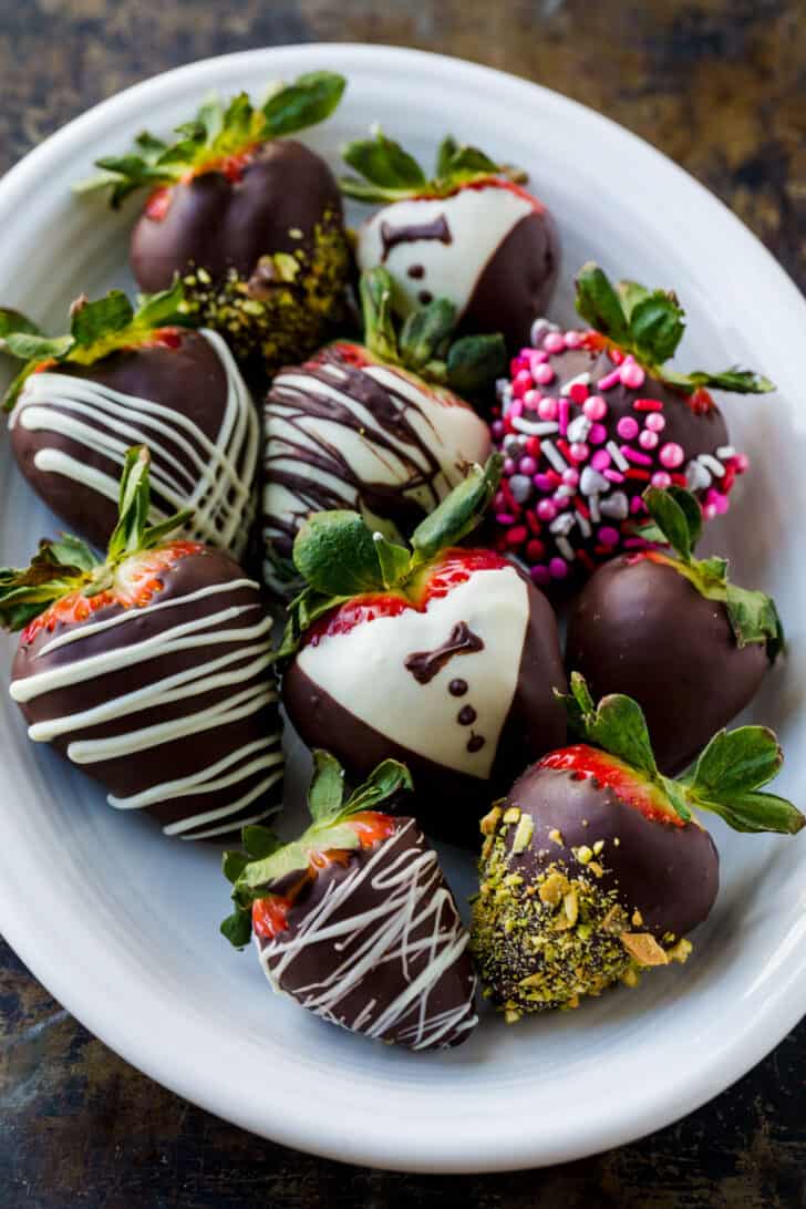Chocolate-covered strawberries on a plate