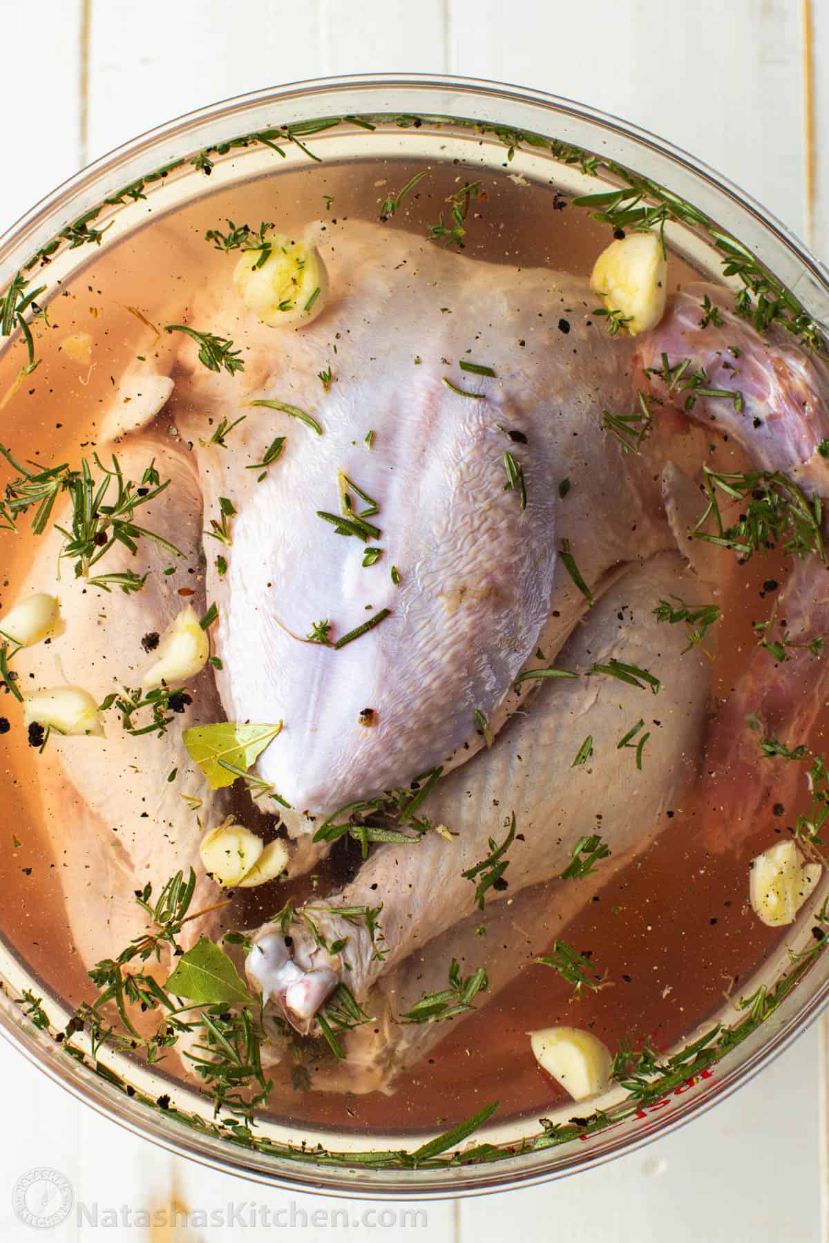 A whole turkey submerged in a salty brine with garlic and herbs