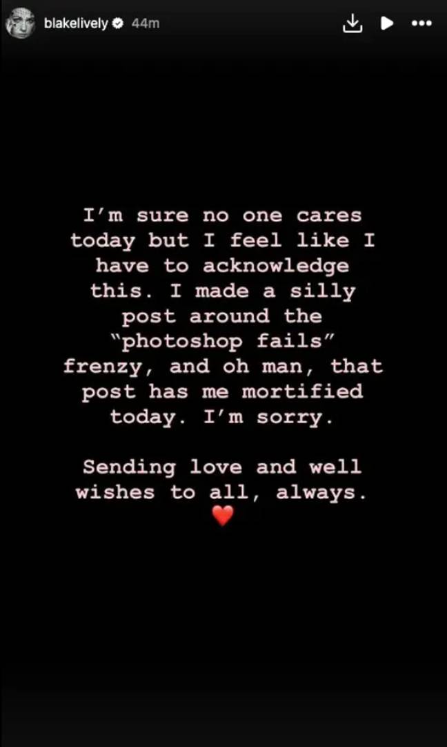 Blake issued an apology following her 'joke'. Credit: Instagram/@blakelively