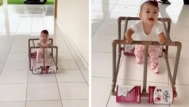 Ingenious Dad Builds Homemade Baby Walker Using PVC Pipes and Milk Cartons